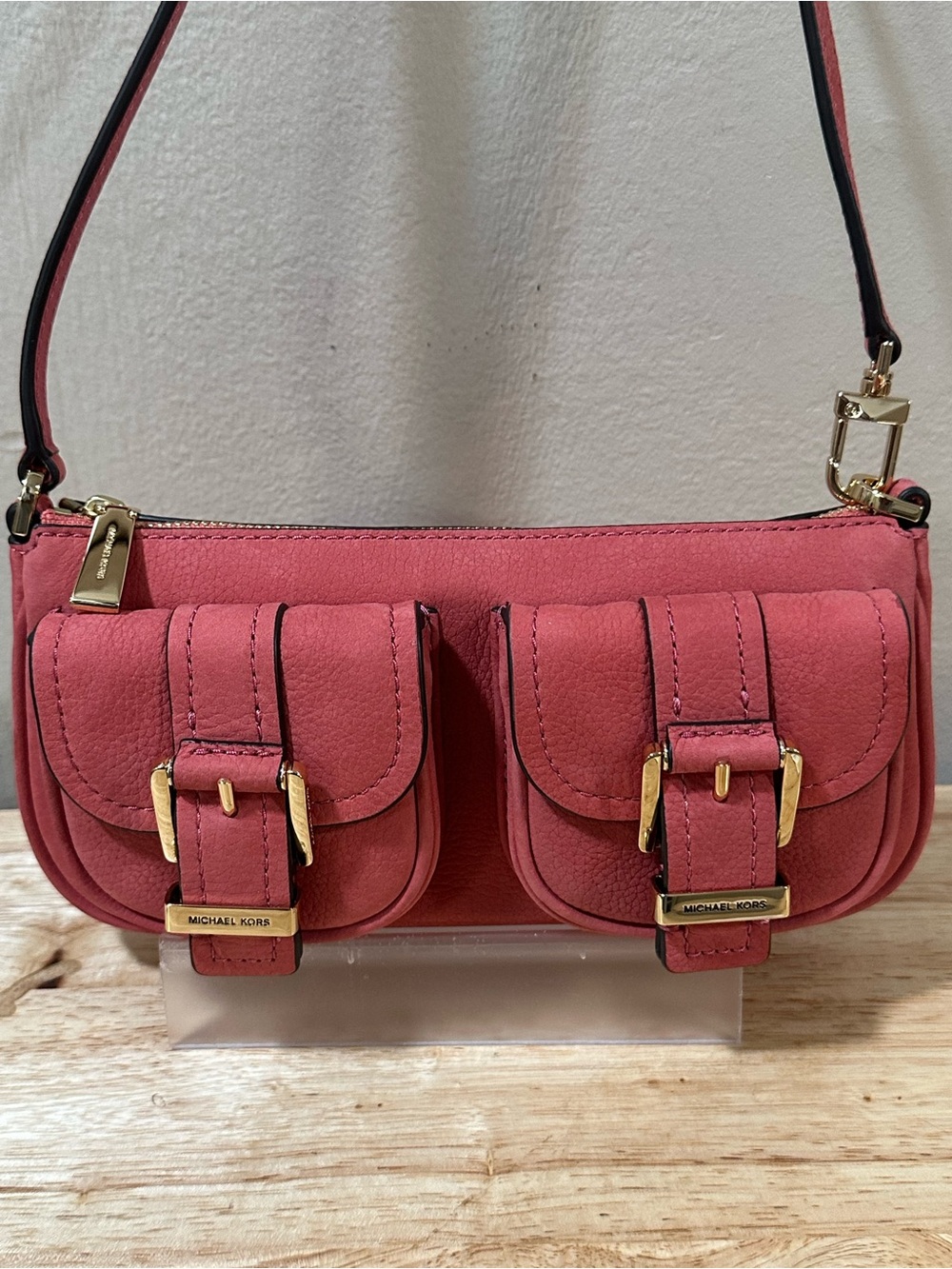 Michael Kors Coral Pink Leather Double Pocket Shoulder Bag